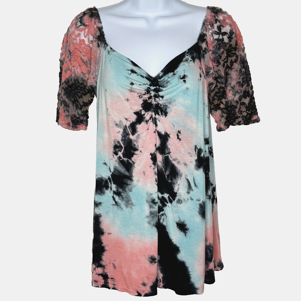 Vtg Y2K T Party Top Womens Sz S Tie Dye Lace Short Sleeve V-Neck Babydoll Shirt